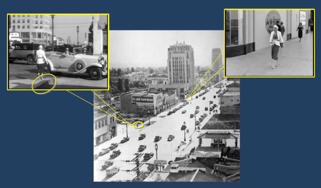 Why did Cagney meet Harlow on the corner of Detroit, yet they first filmed her at the corner of Cloverdale? Because at the time the Detroit corner was an un-photogenic parking lot. The parking lot curb (oval) appears in this view looking west.